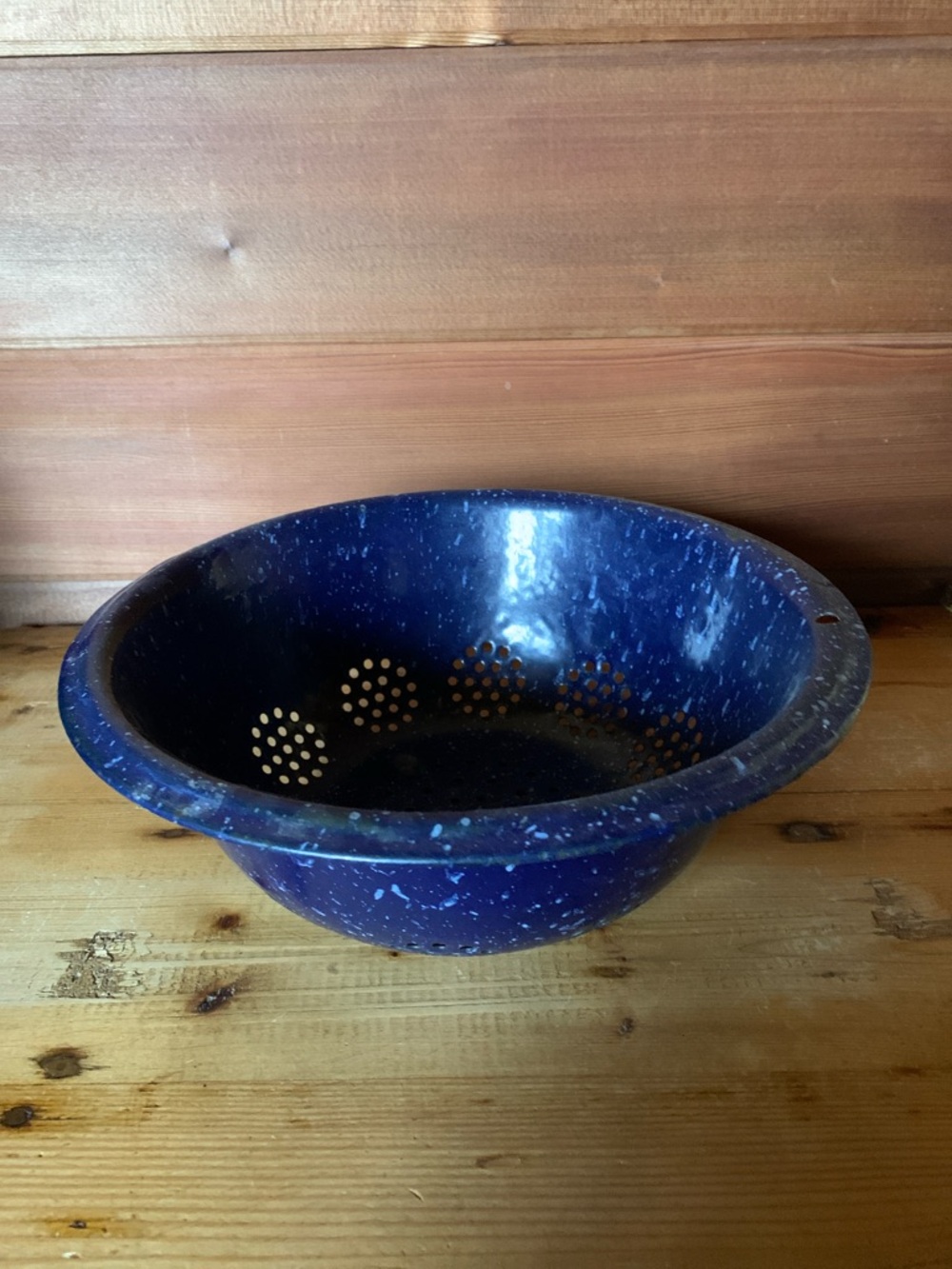 vintage blue speckled enamelware colander, graniteware